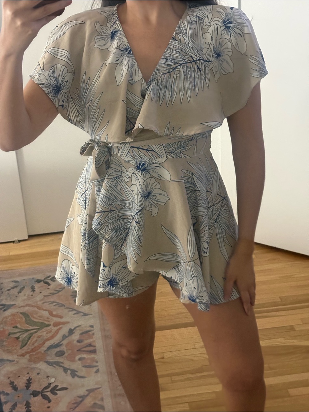 Beige Floral Wrap Romper with Blue Leaf Print